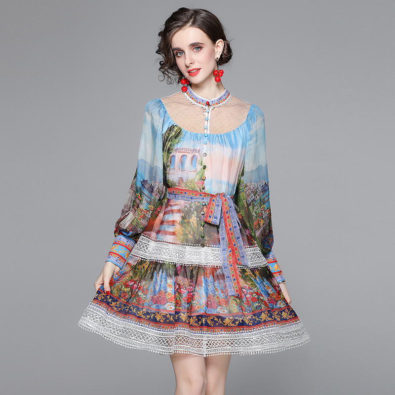 Lantern sleeve lace loose spring and summer splice dress