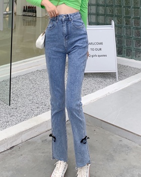 Straight pants split nine pants large yard bow jeans for women