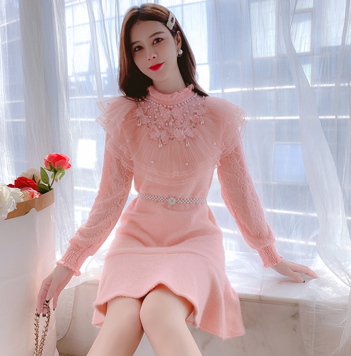 Lace knitted lotus leaf edges sweet dress for women