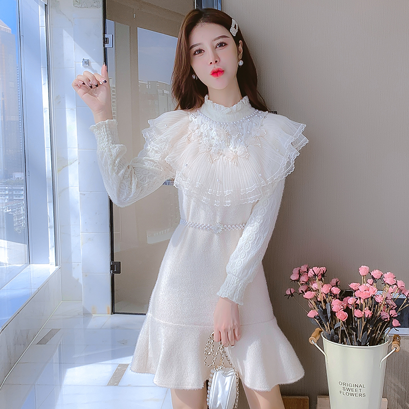 Lace knitted lotus leaf edges sweet dress for women