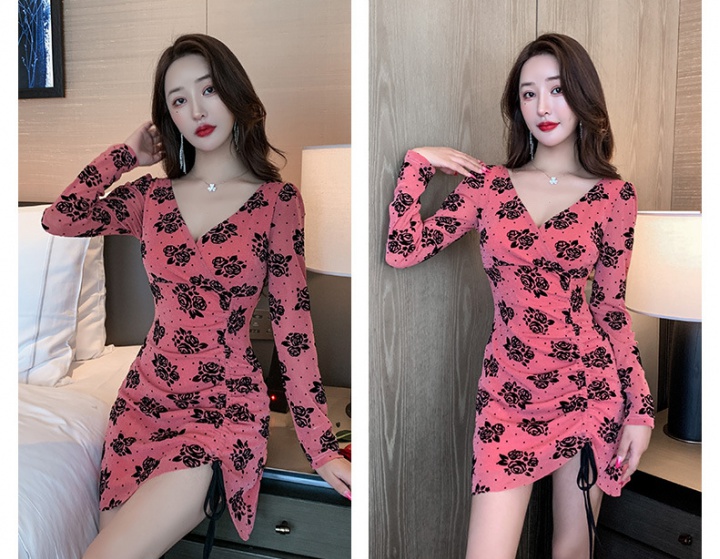 Long sleeve sexy V-neck low-cut autumn package hip dress