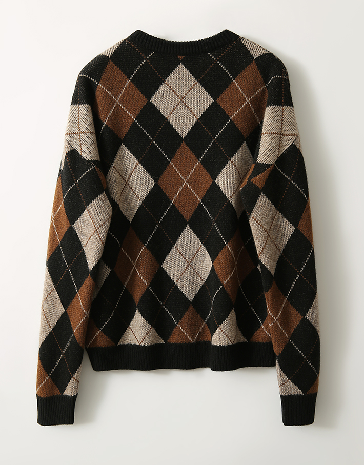 Diamond wool mixed colors plaid retro British style sweater