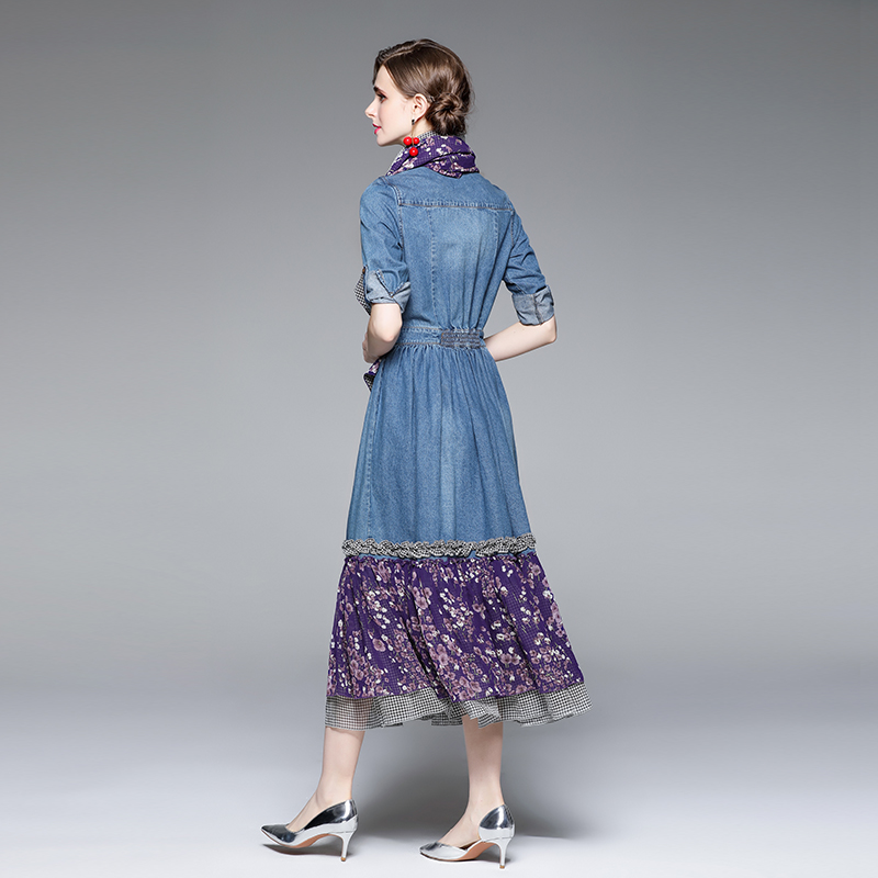 Splice long slim denim spring retro floral dress