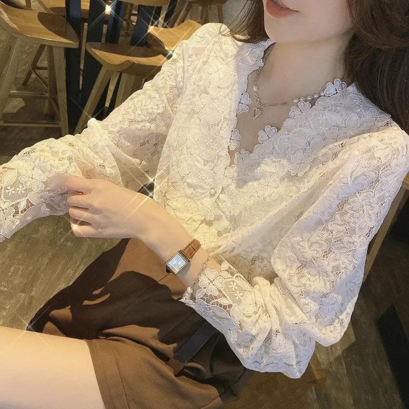 Western style spring sweet lace single-breasted V-neck shirt