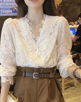 Western style spring sweet lace single-breasted V-neck shirt