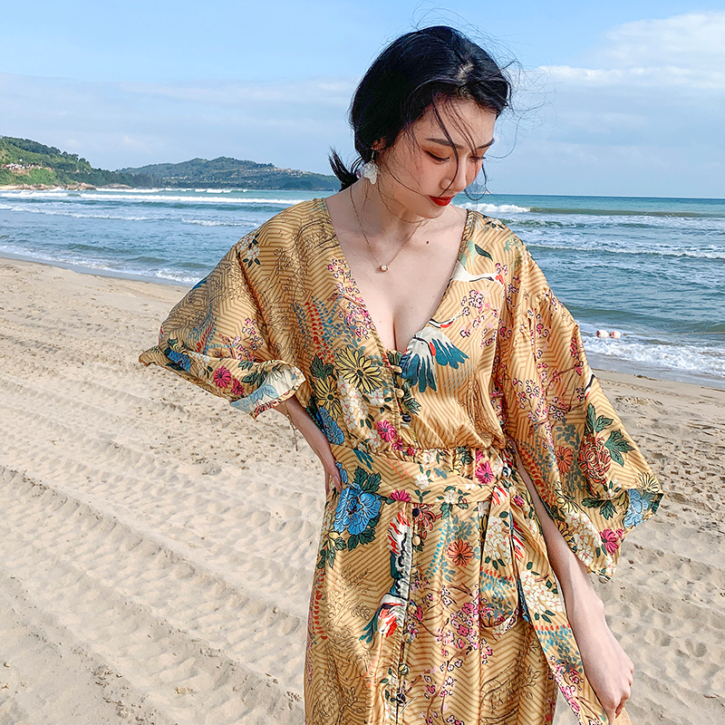 Sexy retro vacation frenum dress printing autumn loose kimono
