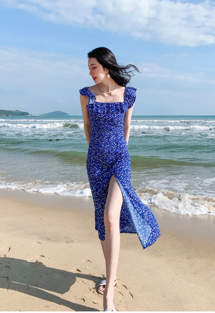 Blue chiffon France style dress high waist floral long dress