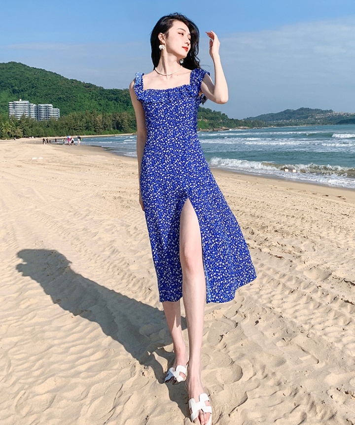 Blue chiffon France style dress high waist floral long dress
