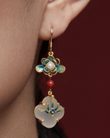 Classical tassels stud earrings lotus painted jade