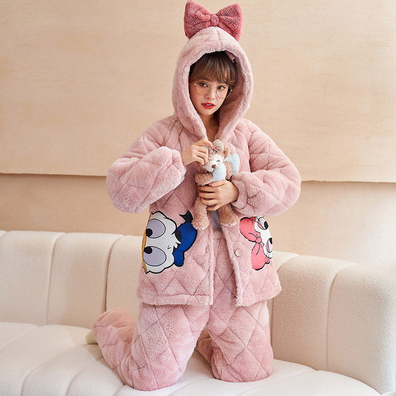 Pink cardigan thick pajamas a set for women