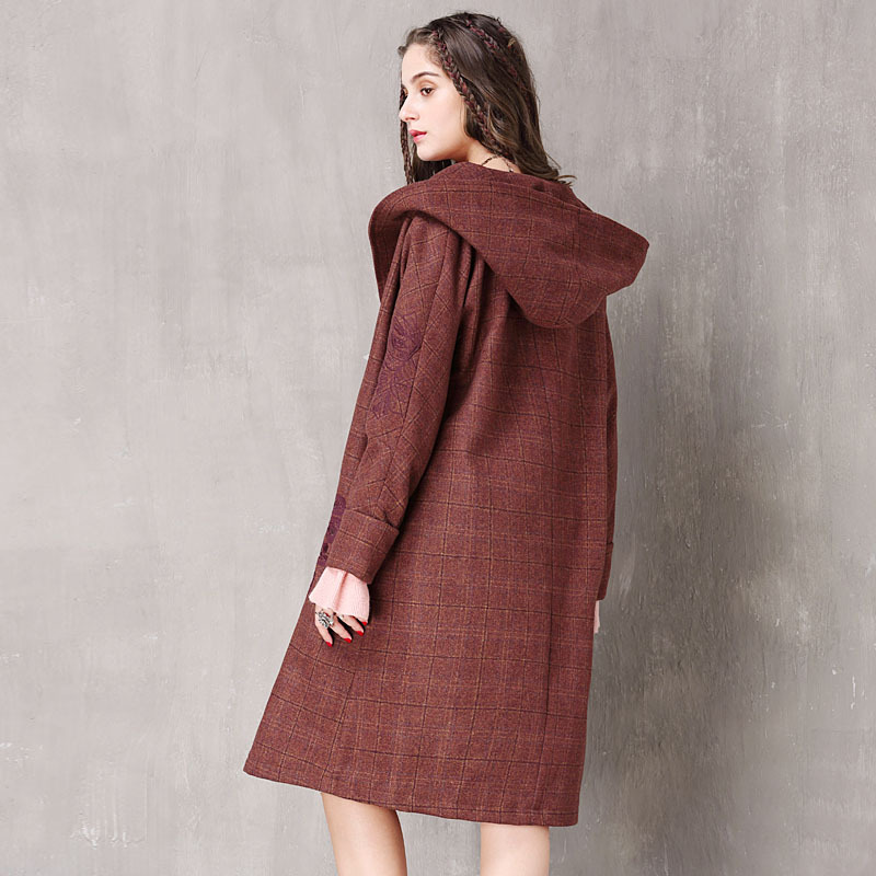 Thick long overcoat plaid woolen coat for women