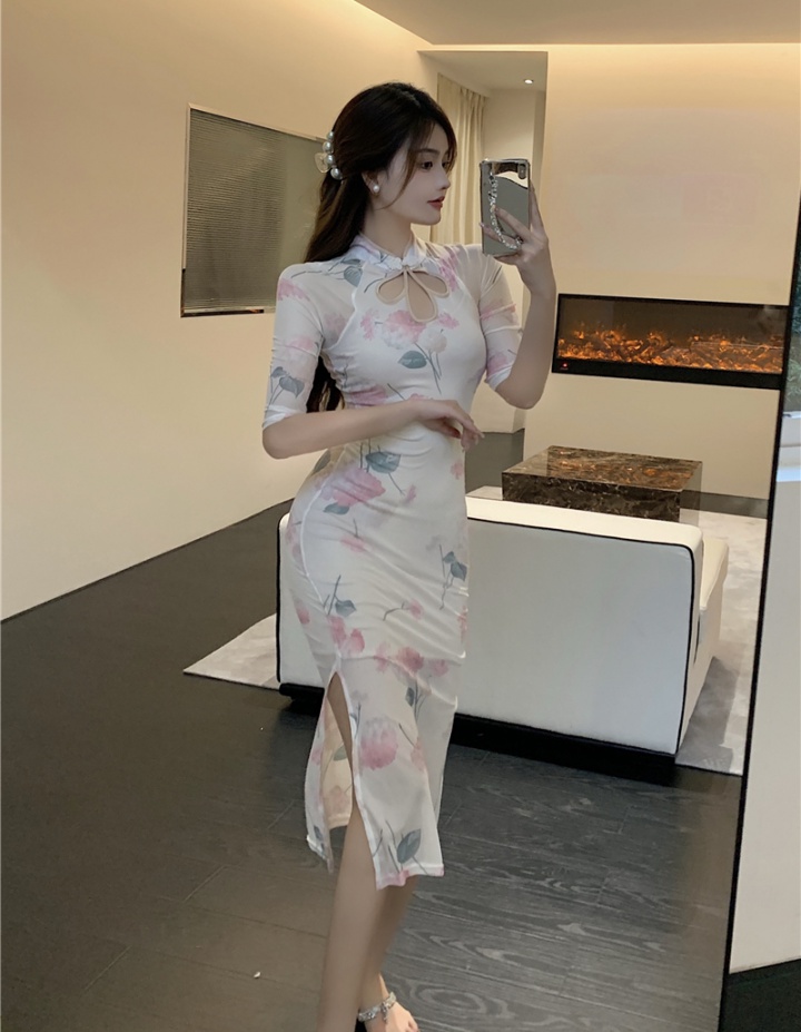 Retro floral cheongsam gauze package hip dress for women