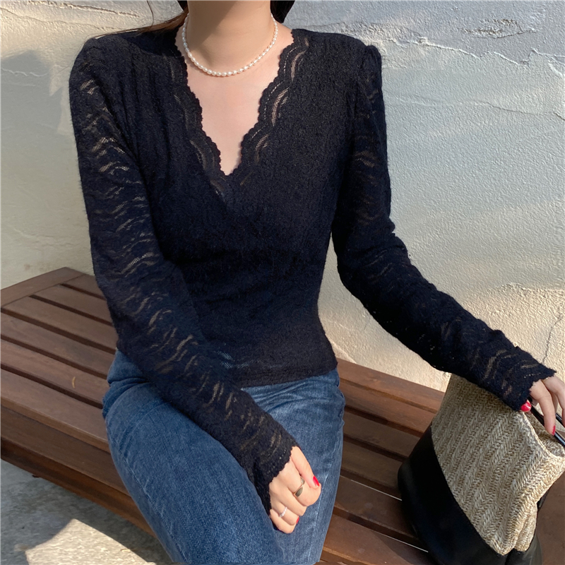 Cross lace bottoming shirt V-neck wavy edge tops for women