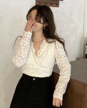 Cross lace bottoming shirt V-neck wavy edge tops for women