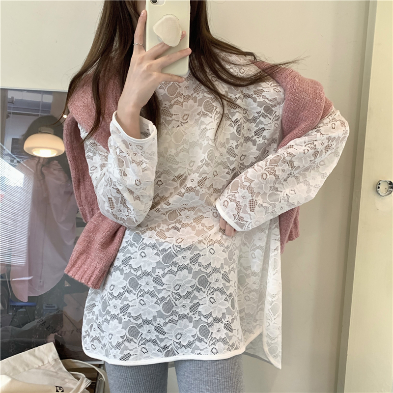 Korean style lace loose round neck wood ear bottoming shirt