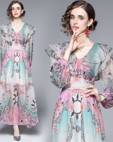 Spring printing long dress European style high waist dress