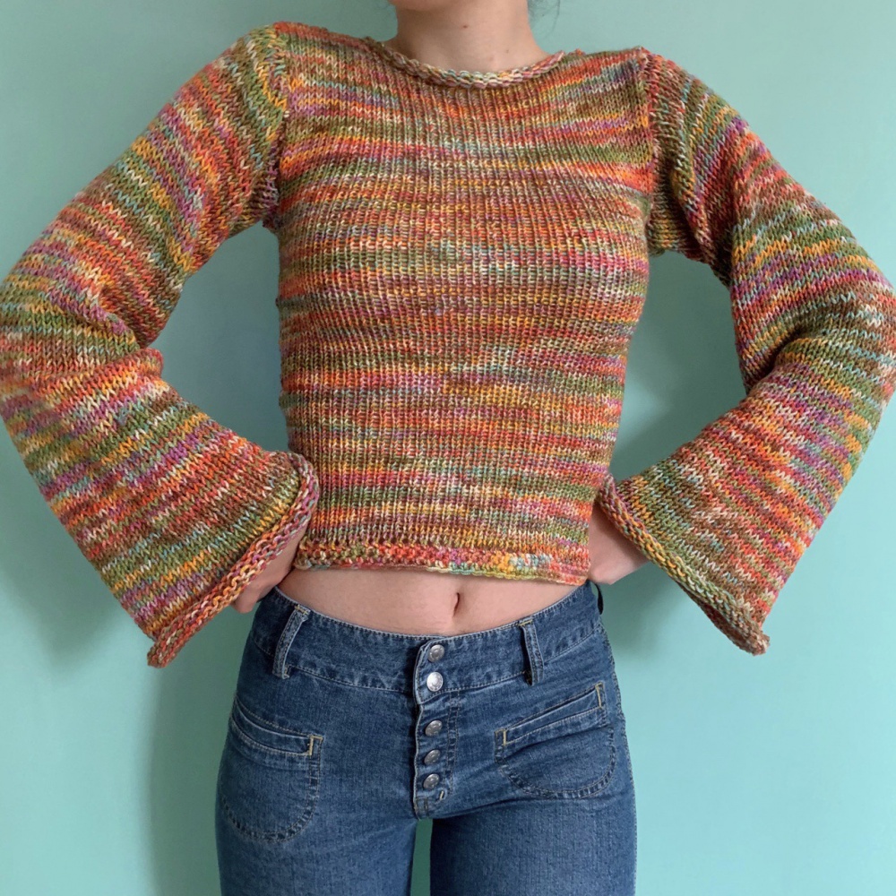 Round neck large yard rainbow stripe loose sweater for women