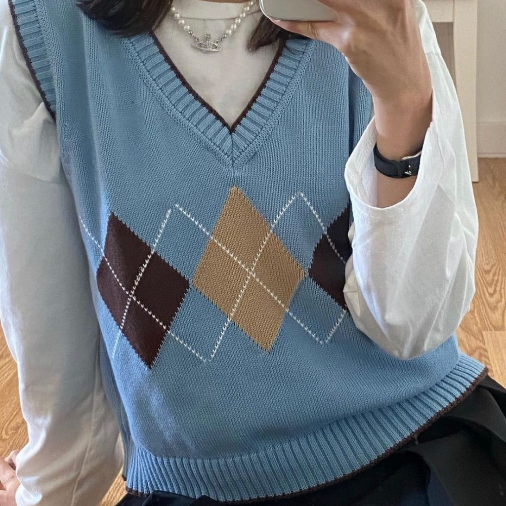 Sleeveless summer blue sweater Korean style V-neck waistcoat