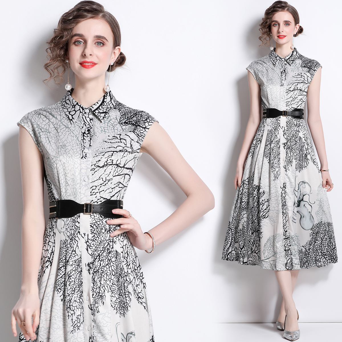 Printing France style lined lapel with belt dress