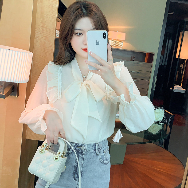 Bow France style tops spring long sleeve shirt for women