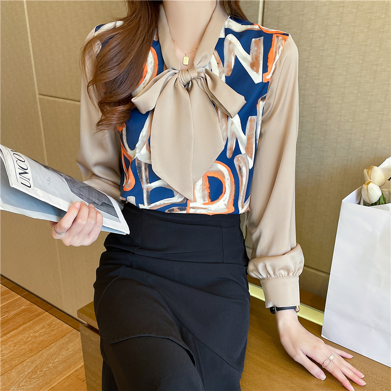 Spring printing splice shirt fashion lantern sleeve tops