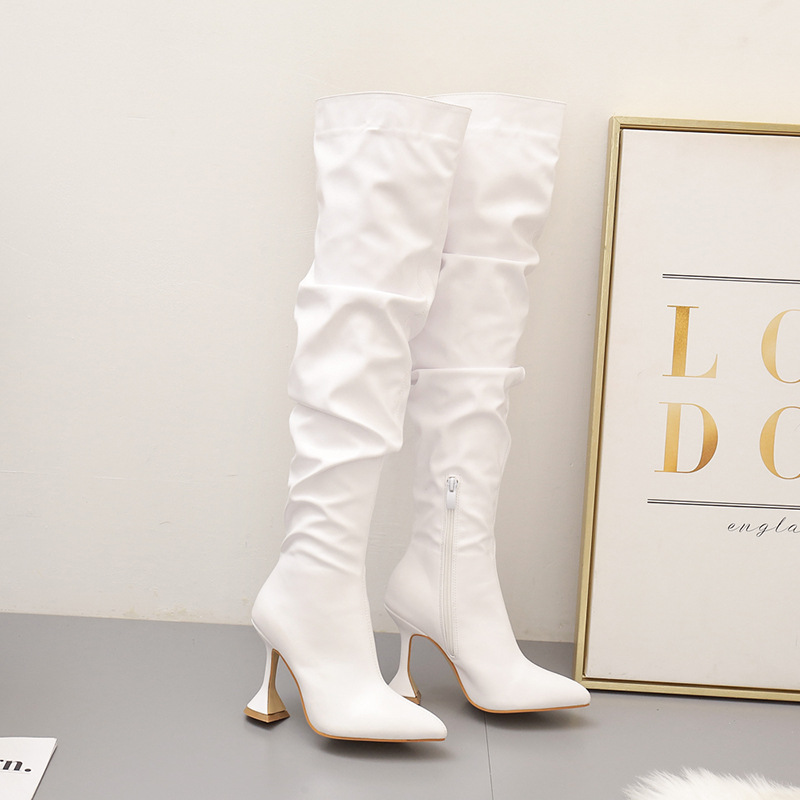 White high-heeled fine-root boots pointed knee thigh boots