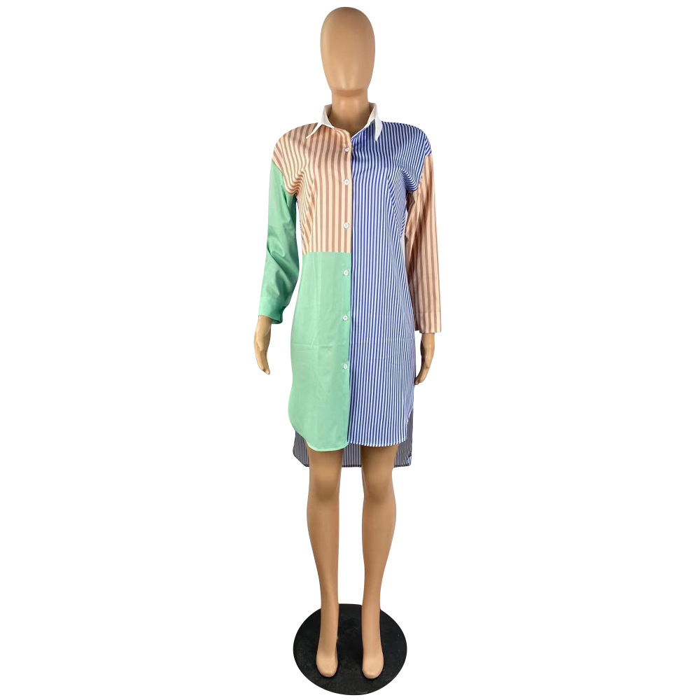 European style irregular shirt multicolor stripe dress