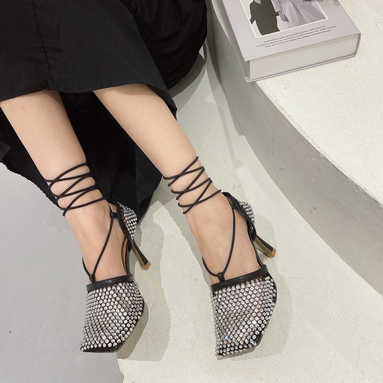 Rhinestone European style mesh bandage high-heeled shoes