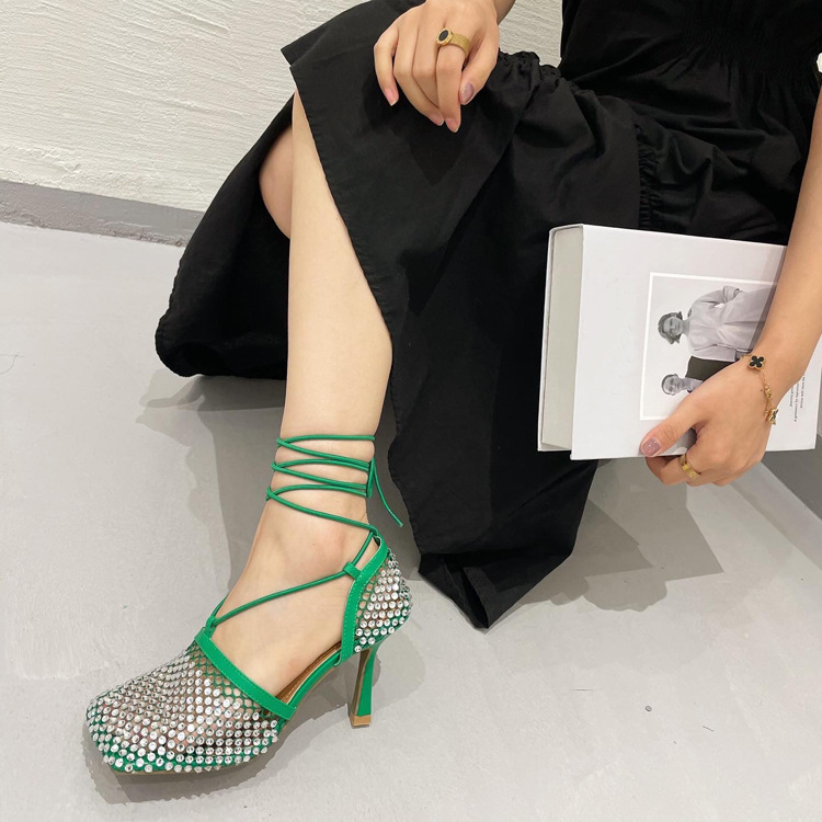 Rhinestone European style mesh bandage high-heeled shoes
