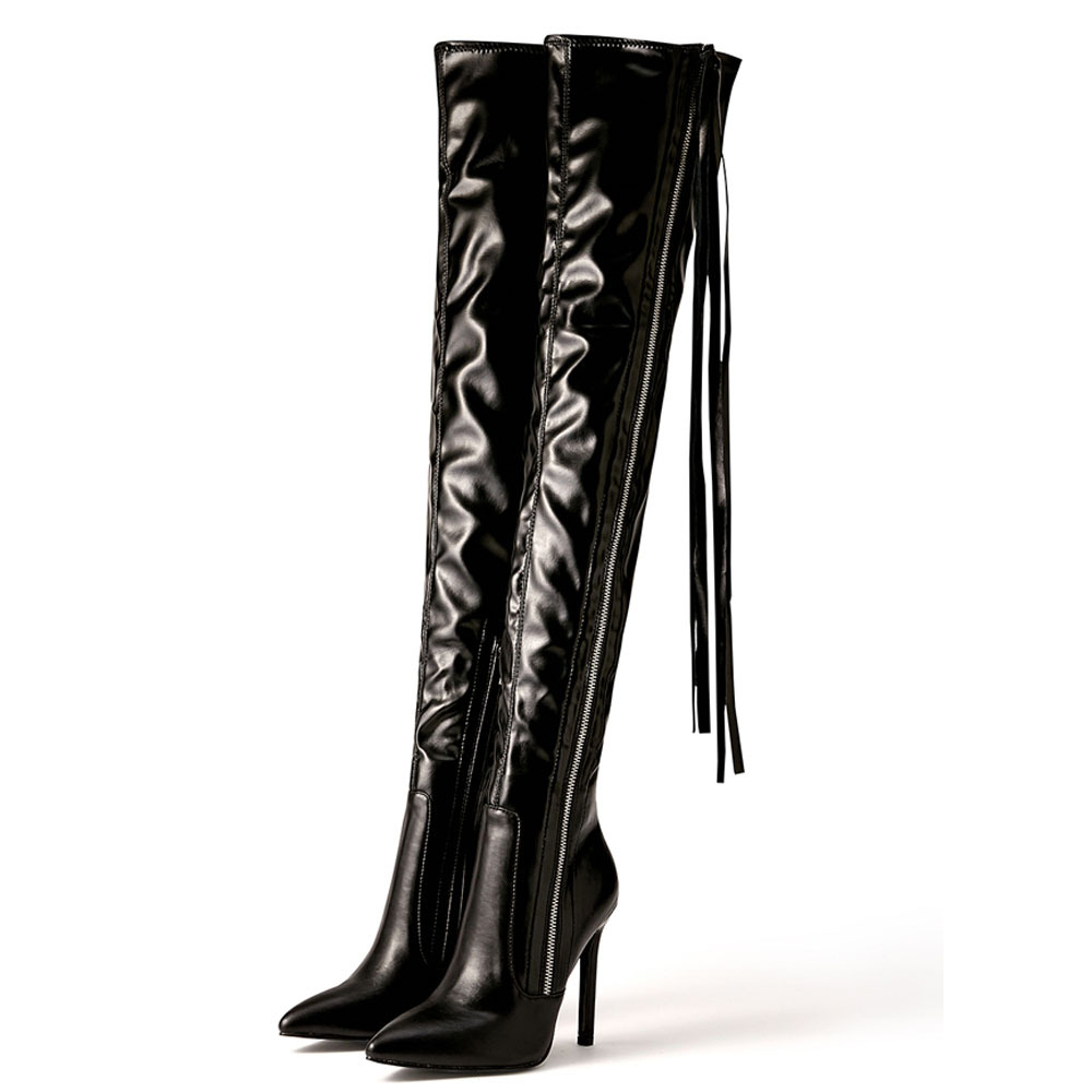 Long tube tassels pointed high-heeled thigh boots