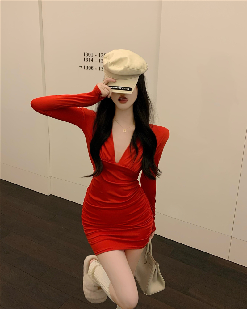 Fold sexy V-neck spring package hip dress for women