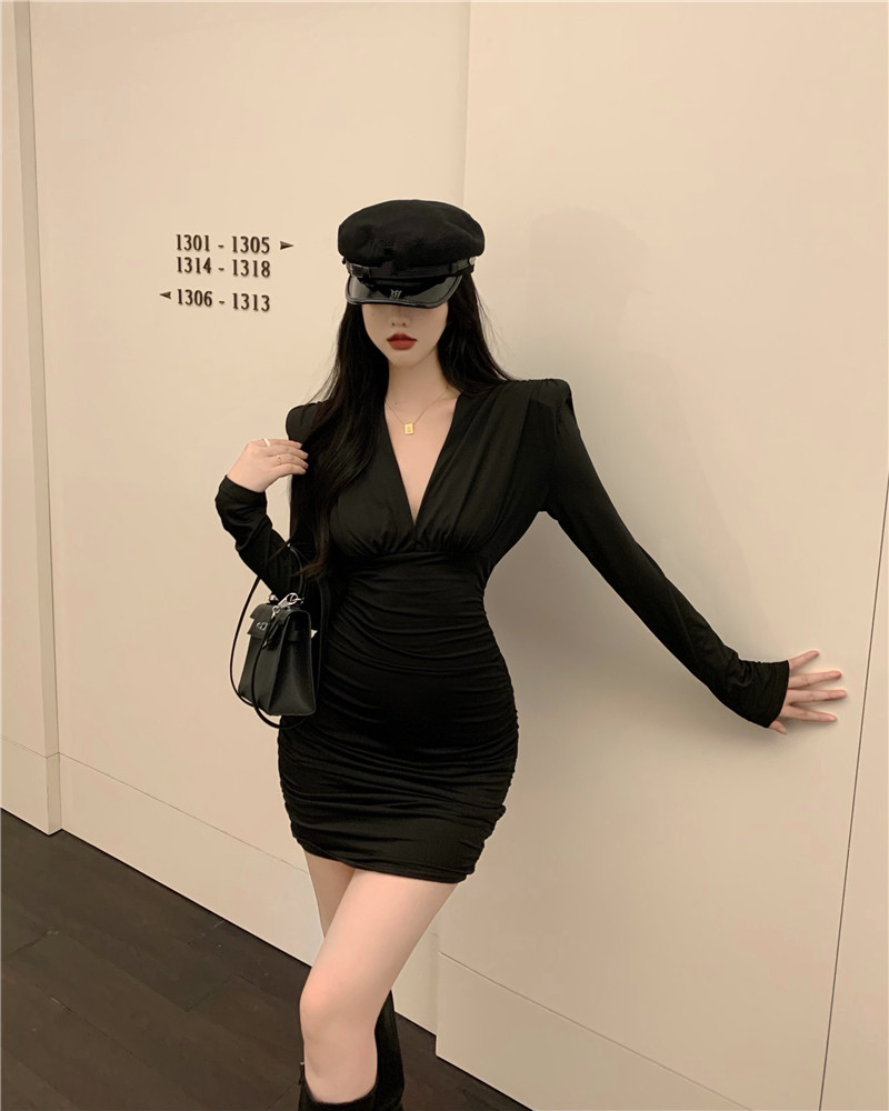 Fold sexy V-neck spring package hip dress for women