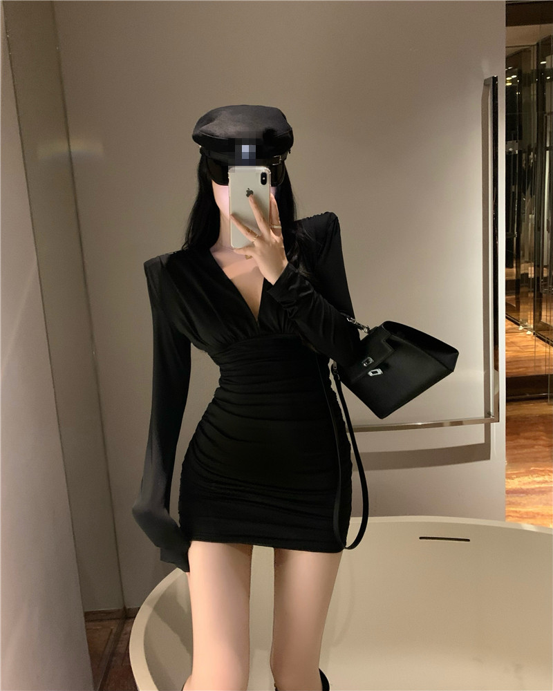 Fold sexy V-neck spring package hip dress for women