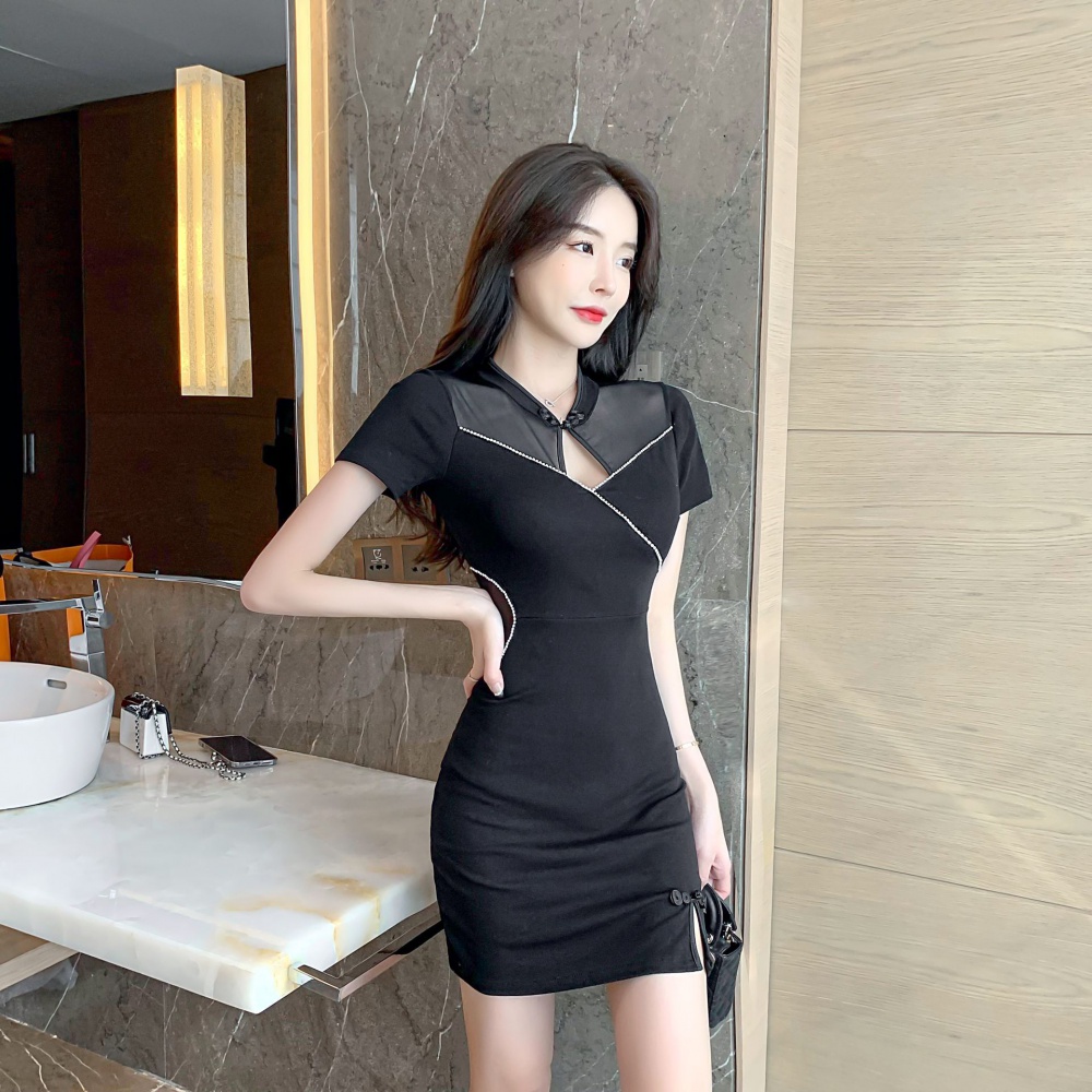 Pure package hip autumn dress rhinestone perspective cheongsam