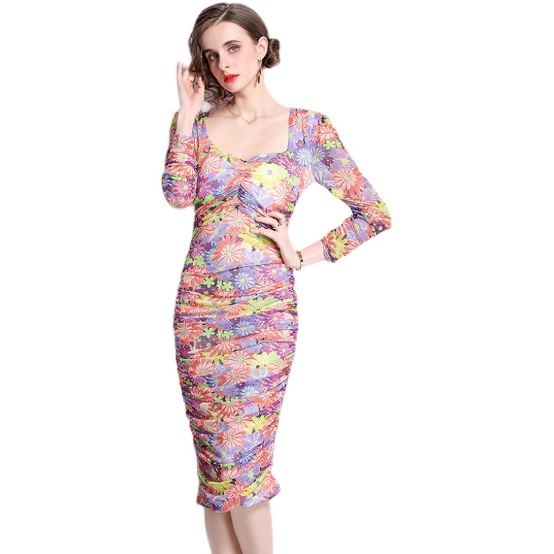 Printing European style gauze sexy dress for women