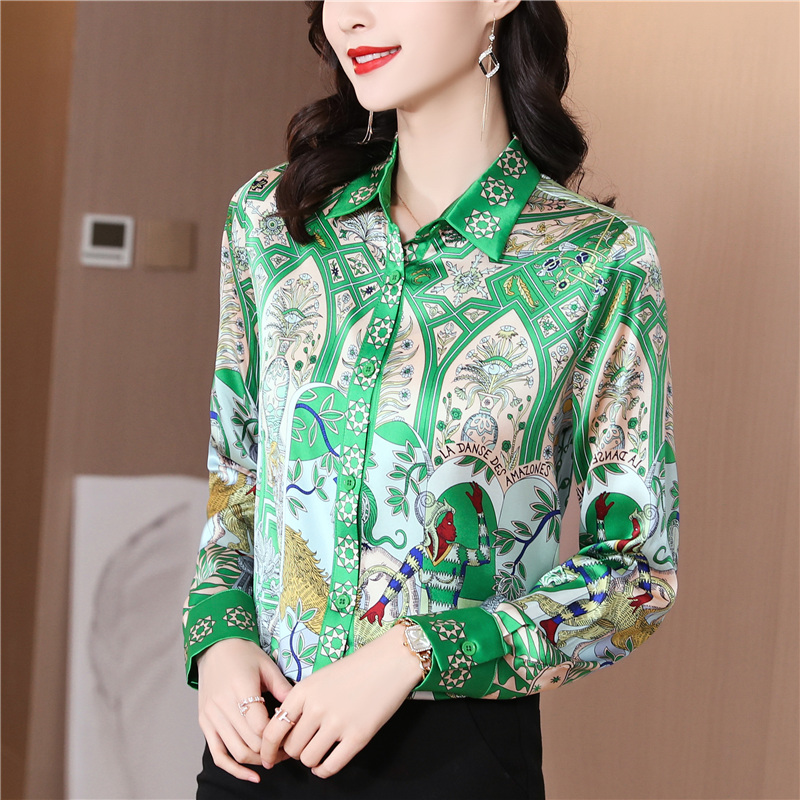 Retro fashion printing tops lapel real silk shirt for women