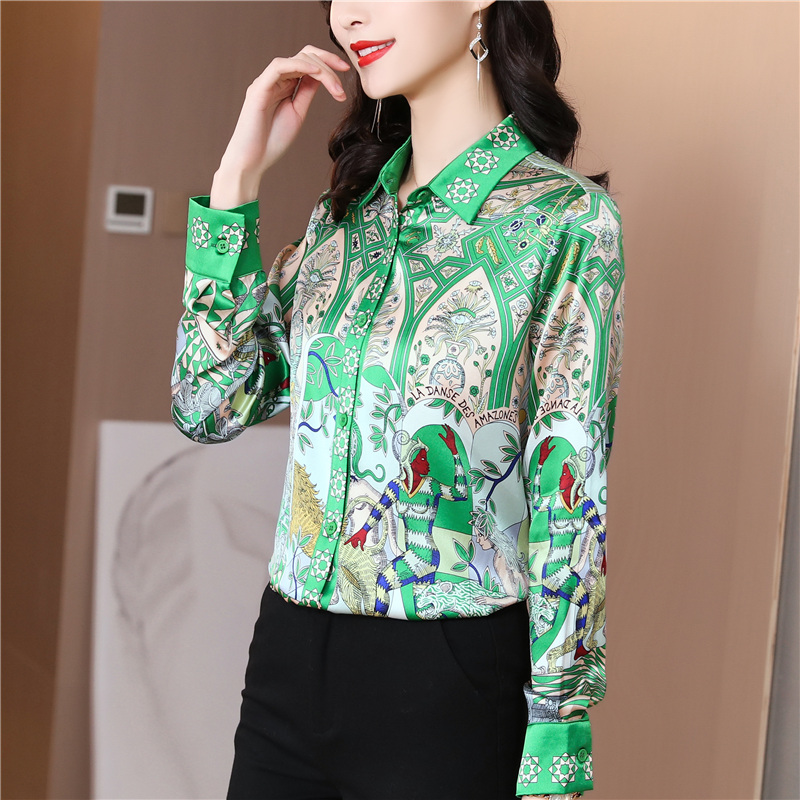 Retro fashion printing tops lapel real silk shirt for women