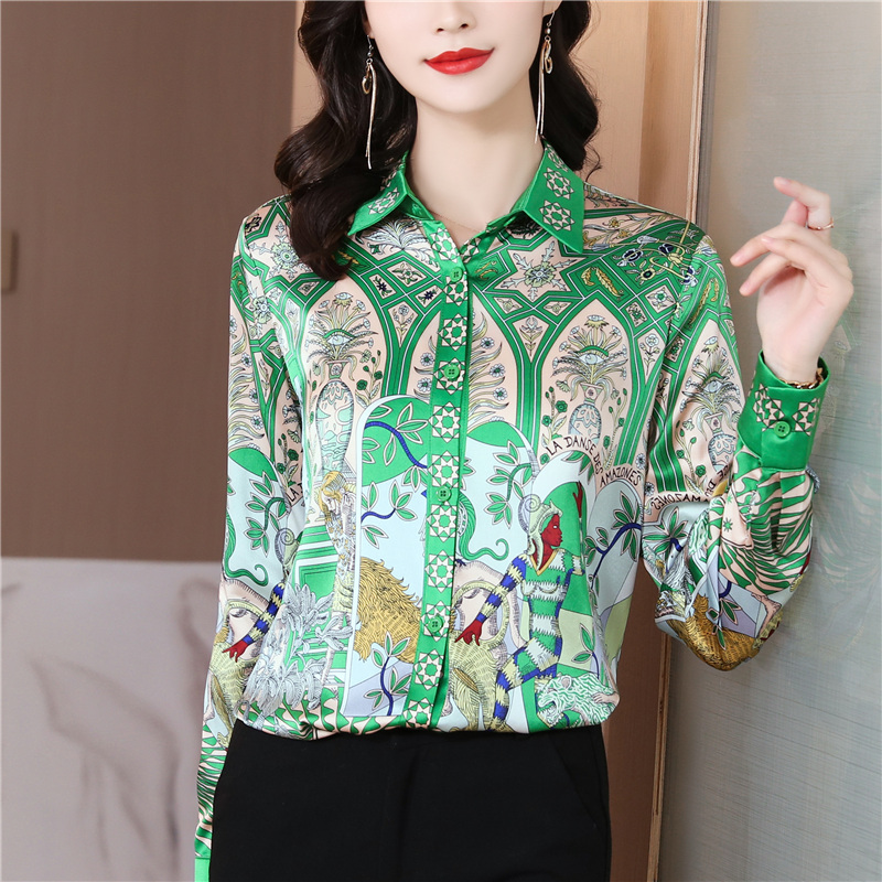 Retro fashion printing tops lapel real silk shirt for women
