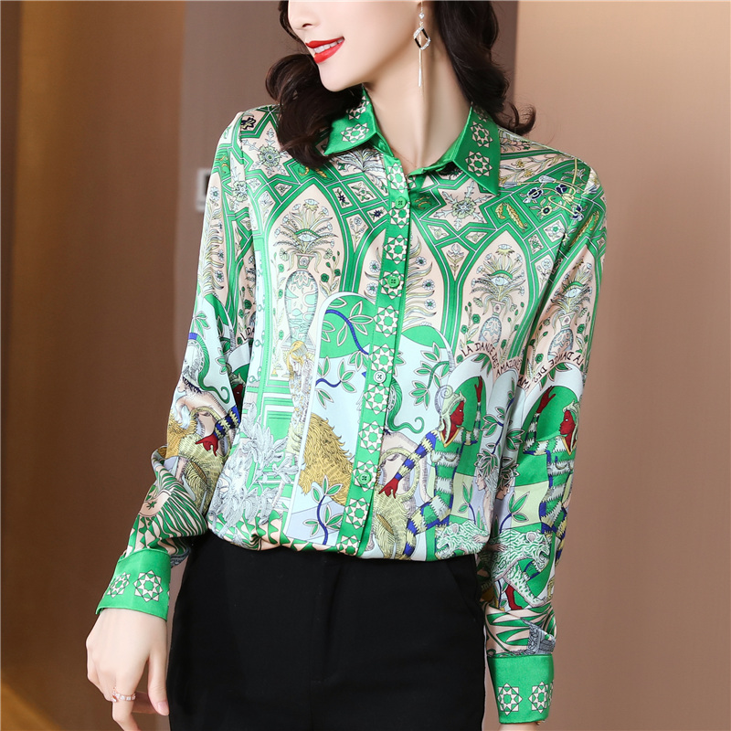 Retro fashion printing tops lapel real silk shirt for women