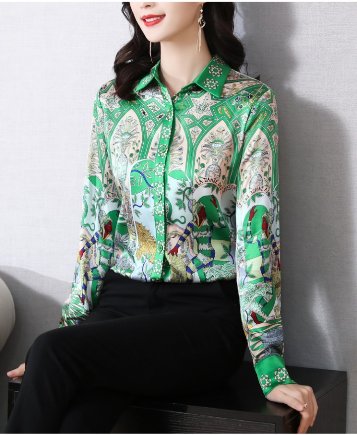 Retro fashion printing tops lapel real silk shirt for women