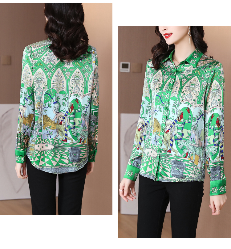 Retro fashion printing tops lapel real silk shirt for women