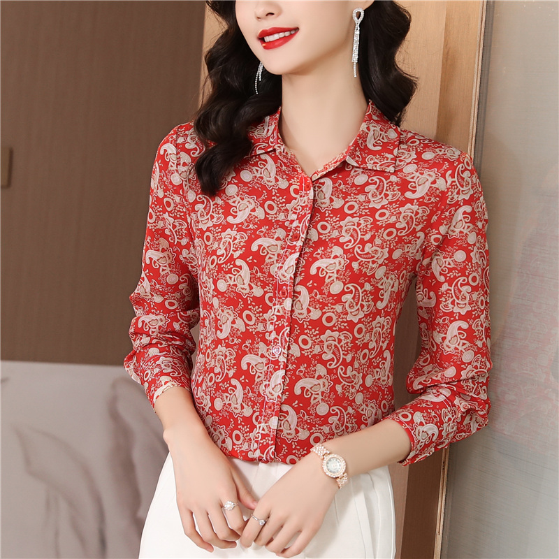 Spring fashion printing shirt long sleeve retro red tops