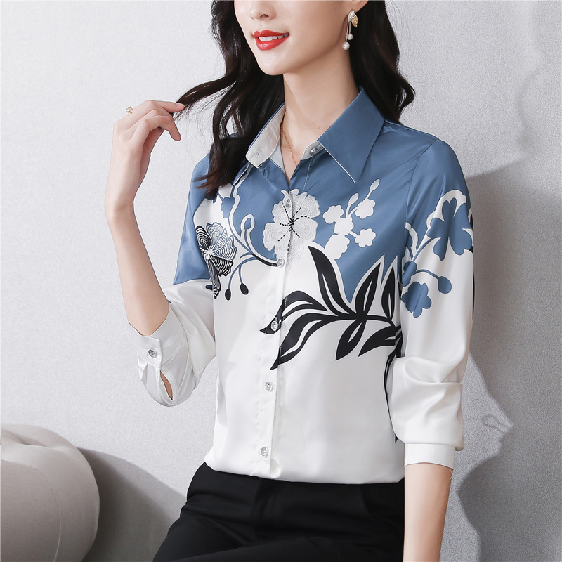 Long sleeve white spring tops all-match silk shirt for women