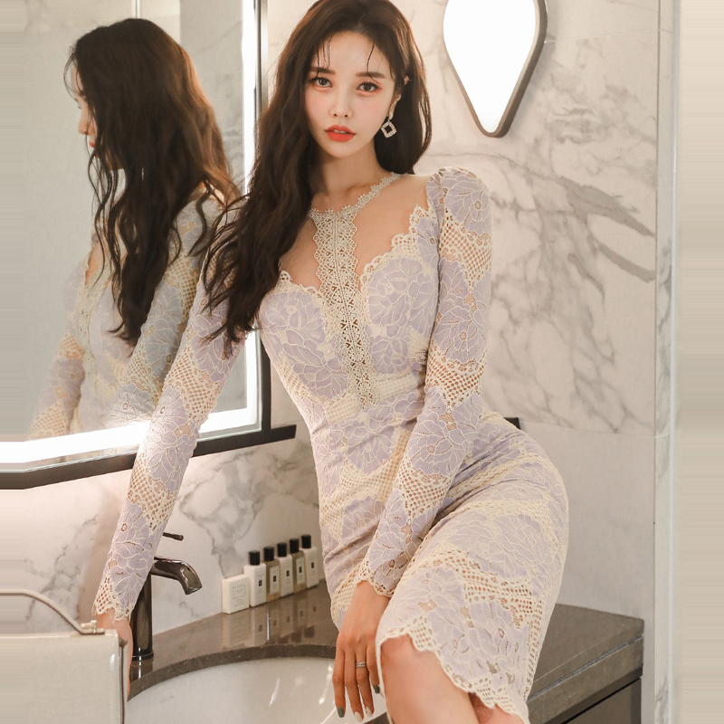Fashion package hip splice lace slim lace collar dress for women