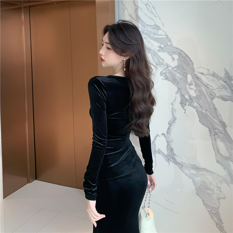 Hollow sexy split dress temperament beading slim long dress