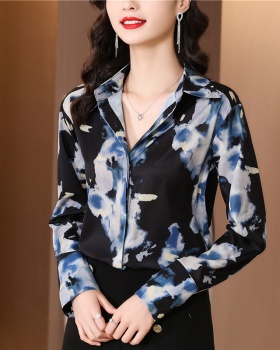 Printing real silk black shirt spring ink loose tops for women