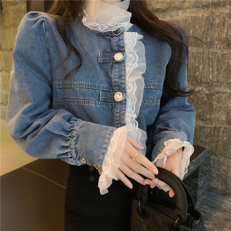 Lace splice shirt Korean style all-match tops