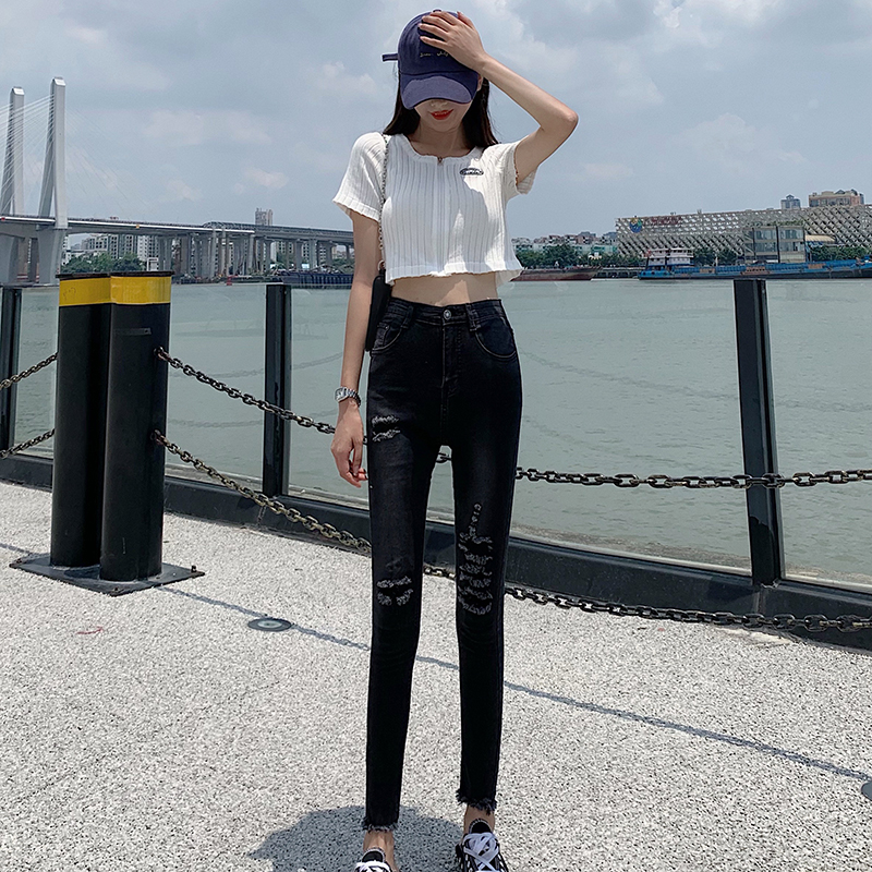 Spring high waist black all-match long pants for women