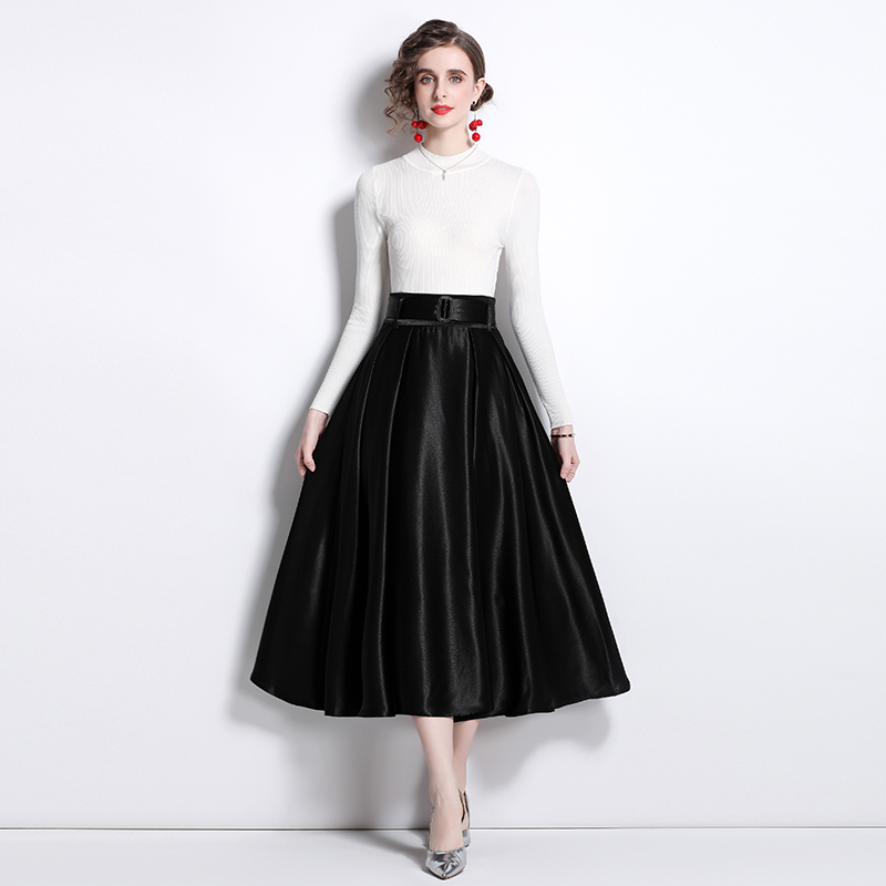 White knitted tops autumn and winter black skirt 2pcs set