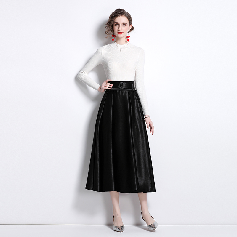 White knitted tops autumn and winter black skirt 2pcs set
